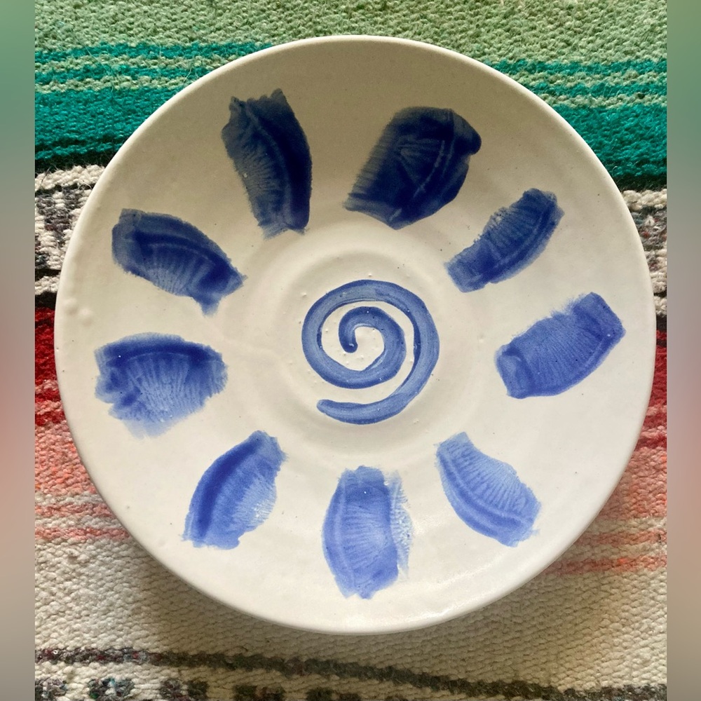 Studio Art Pottery Blue and White Shapes Bowl Plate Signed Modernist